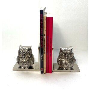 Silver Metal Owl Bookends Library Shelf Decor 4.75" Wide Base Elegant Design